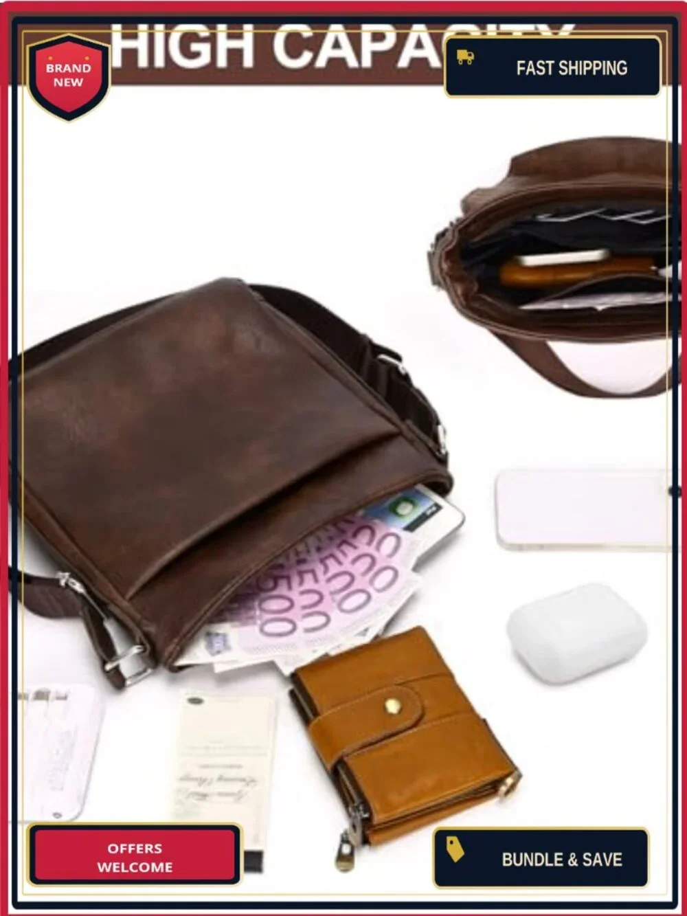 Men's Crossbody Bag Vegan Leather Messenger Adjustable Strap Tablet Work Travel